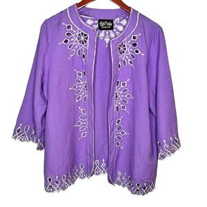 Bob Mackie Wearable Art Vtg Linen Blend Open Front Top Medium Embroidery Purple